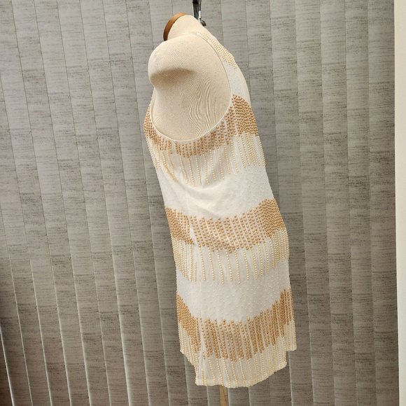 Parker Women’s Tan Cream Beaded Sleeveless Mini Dress Size M - Picture 12 of 17